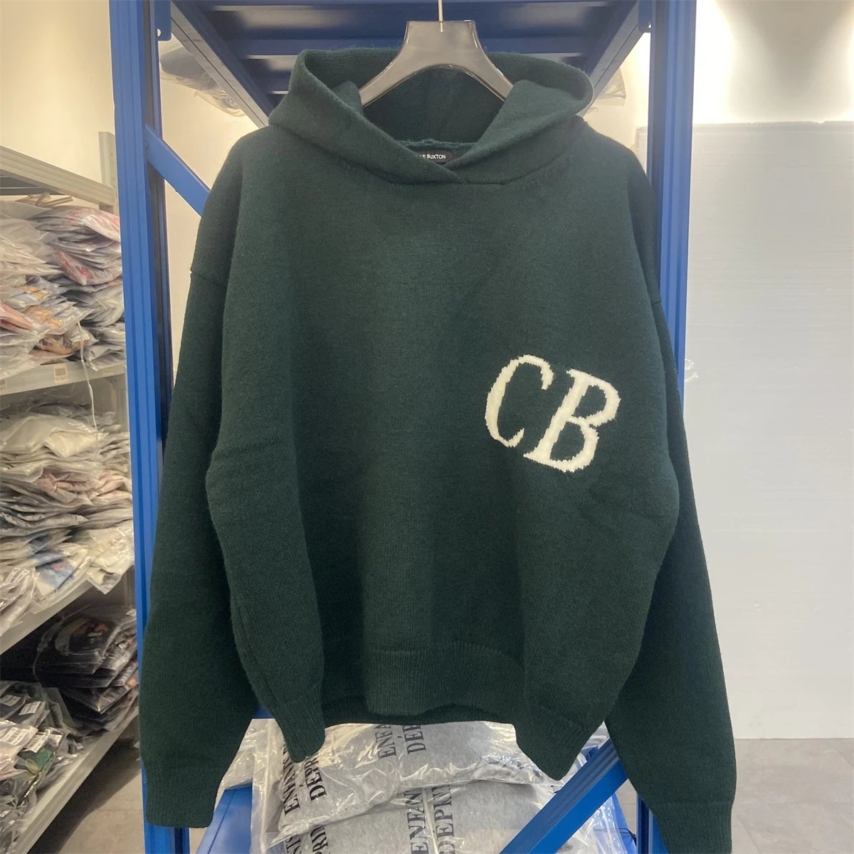 Cole Buxton CB Logo Knit Hoodie Forest Green