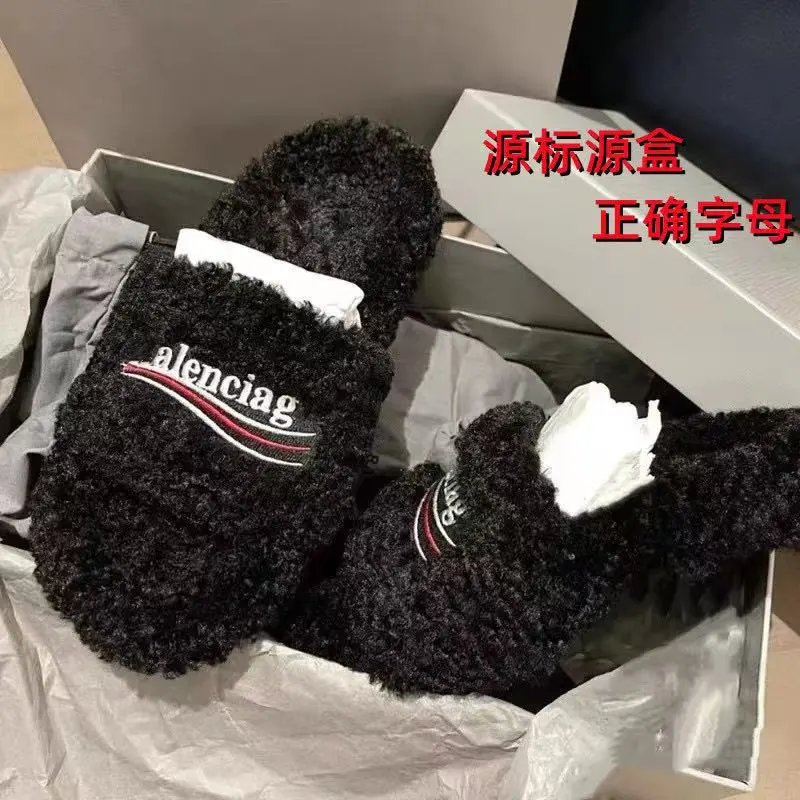 Ba Jia Mao Mao slipper women's outdoor wear 2025 autumn and winter new item black embroidered flat bottom lamb wool straight flat bottom slipper