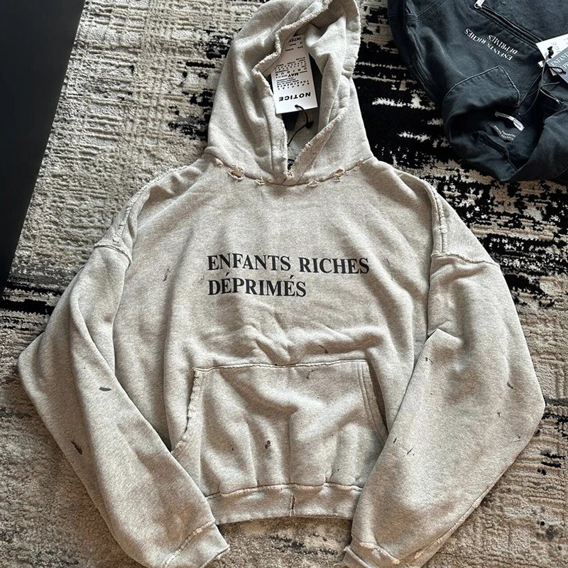 ERD Melancholy Rich Kid White Jingting Same Style Gradient Dyed Casual Hoodie Washed Distressed Pullover Hoodie for Men and Women