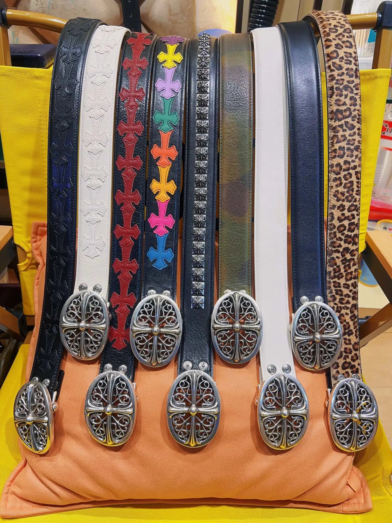European American Chrome Hearts Retro Punk Top Grain Leather Silver Buckle Belt Y2K Light Luxury Studded Vine Gothic Rock Belt-tri