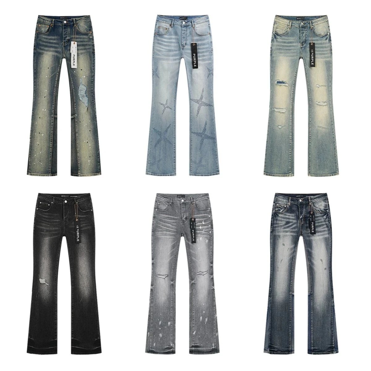 Fashionable retro splashed ink ripped jeans, high street washed casual trend, micro flared pants for men