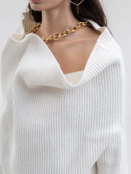 Design Off-Shoulder Ribbed Knit Sweater White + Black High-Waisted Skirt - 5