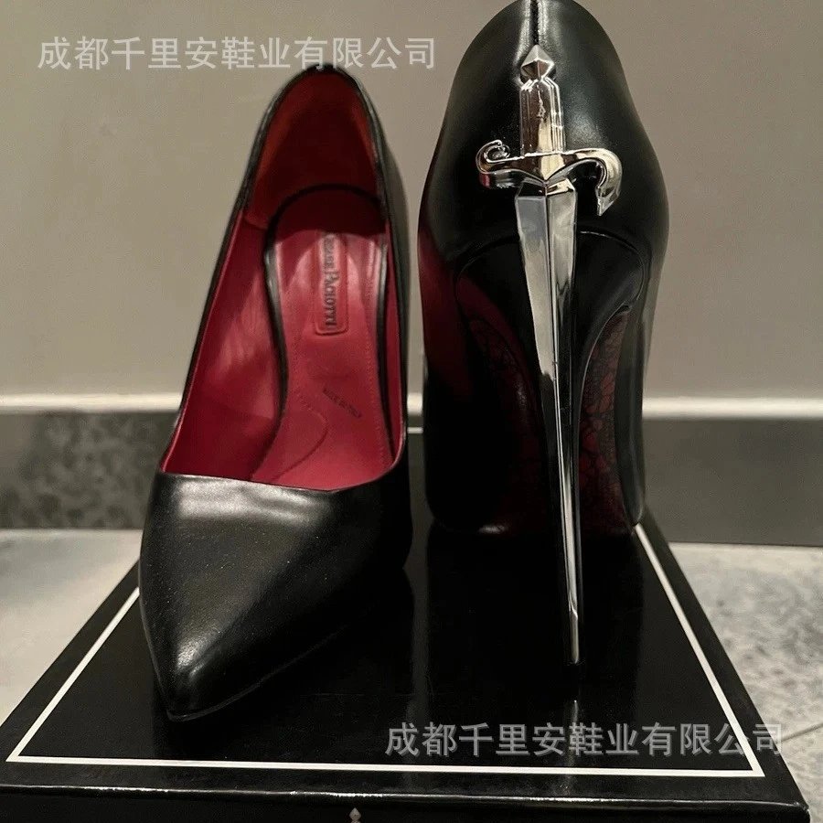 12cm European and American plus size genuine leather high-end fashion show style professional high heels for women, slim heels, shallow mouth pointed sword shaped single shoes