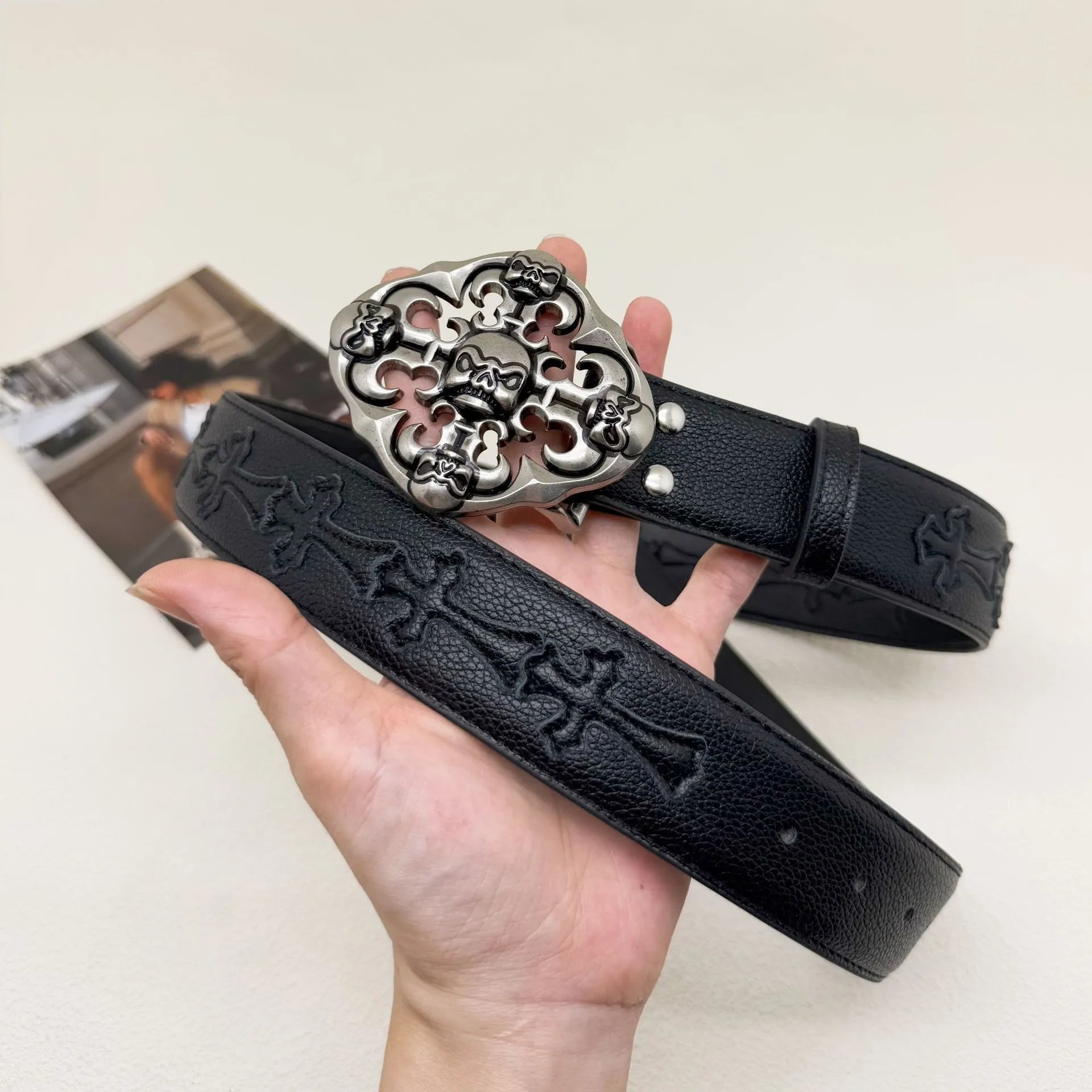 Chrome Hearts Cross-Embossed Leather Belt Black - 3