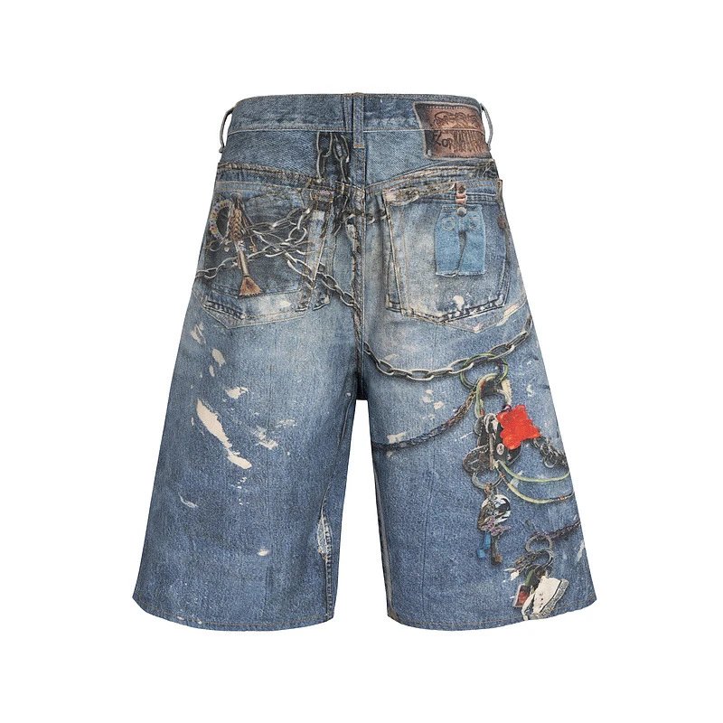 Design Distressed Chain-Embellished Denim Shorts Blue - 3
