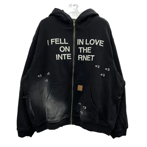 Design Distressed Oversized Zip-Up Hoodie with 'I Had A Fever About You' Print Beige - 5