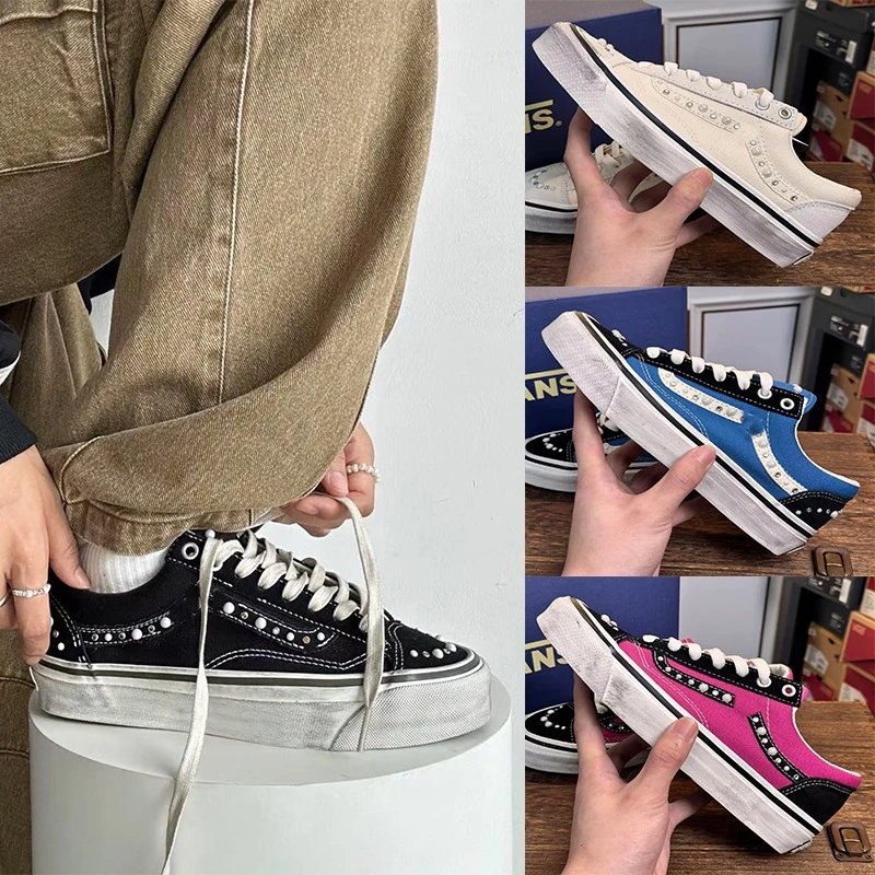 Pearl Rhinestone Distressed Dirty Sneakers Black White Checkerboard Platform Unisex Casual Chunky Sneakers