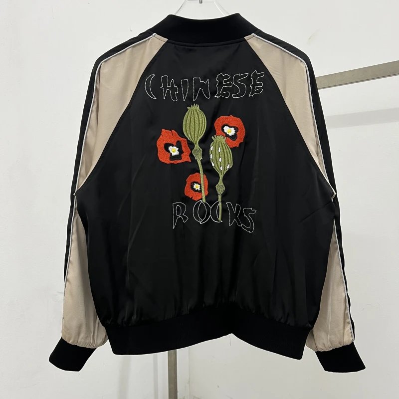 Design Bomber Jacket with Embroidered Poppy Patch Black Beige Outerwear.jacket - 2