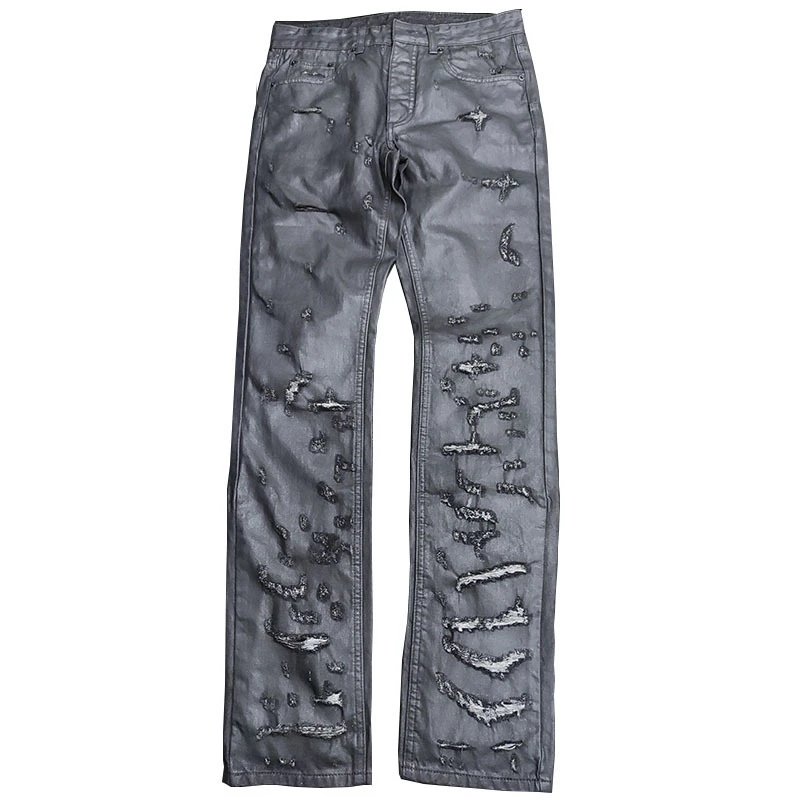 D Black Glue Damaged Wax Pants Home04 Brushed Wax Coating Tearing Hole Washing Water Slimming in Stock