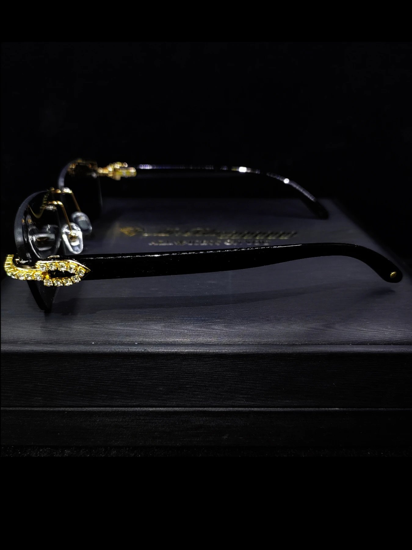 Design Mr. Blingggggg Ice-Set Rimless Sunglasses Black Gold Eyewear - 3