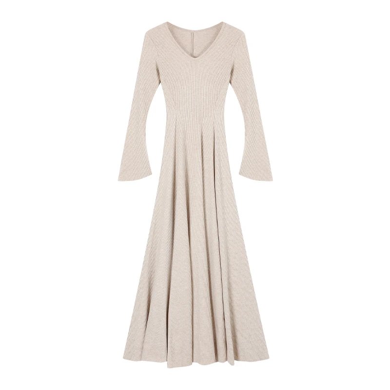 Design Ribbed V-Neck Bell Sleeve Maxi Dress Beige