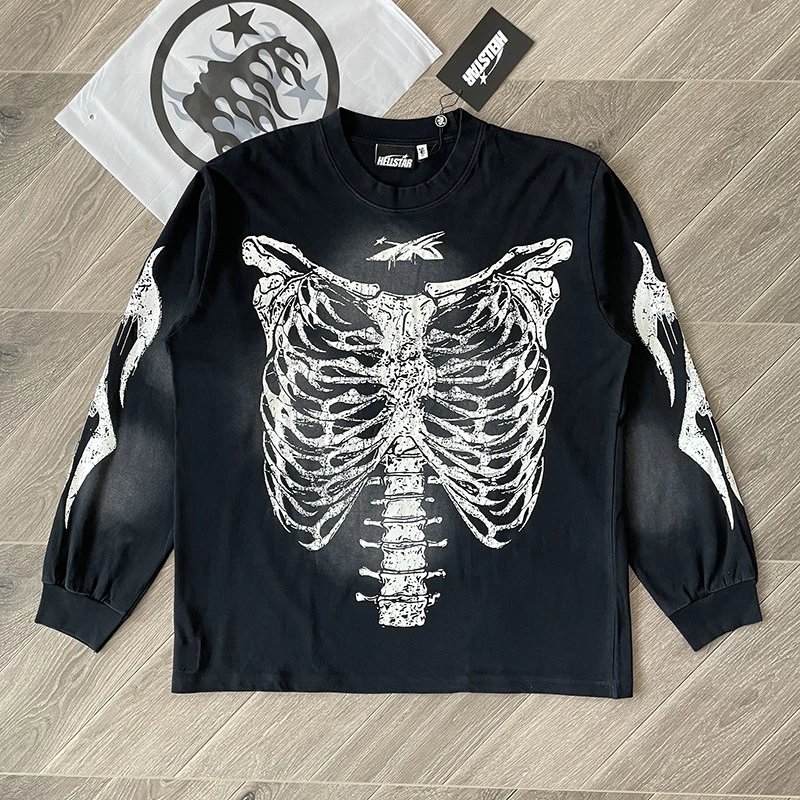 Hellstar Studios Airbrushed Bones Halloween Skeleton Casual Long Sleeve T-shirt