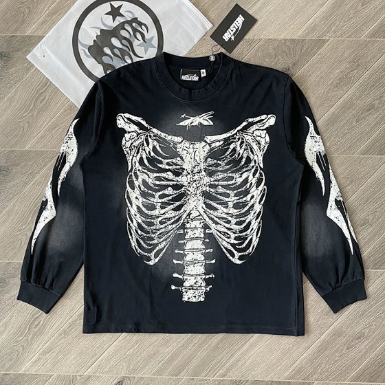 Hellstar Studios Airbrushed Bones Halloween Skeleton Casual Long Sleeve T-shirt