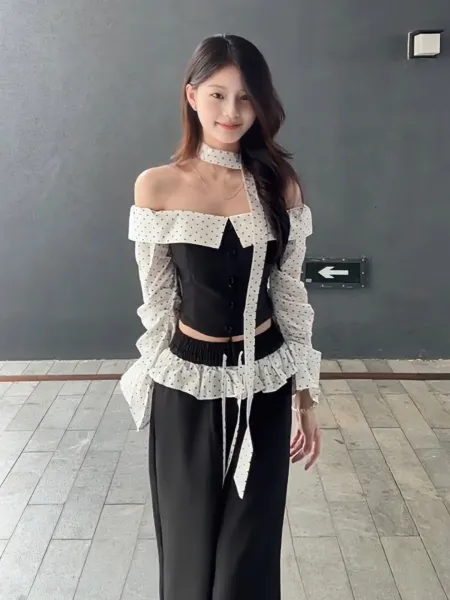 Design Polka Dot Off-Shoulder Ruffled Top with Corset Waist Black Pants Set - 1