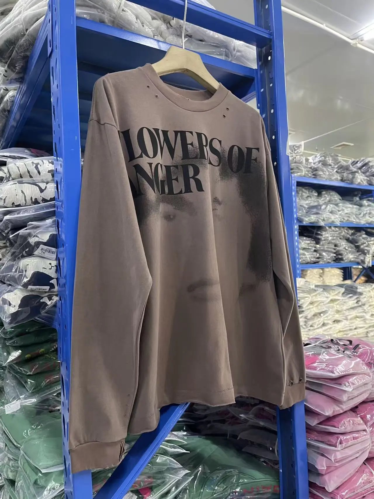 Design Flowers Of Anger Distressed Long Sleeve Tee Beige T-Shirts - 3