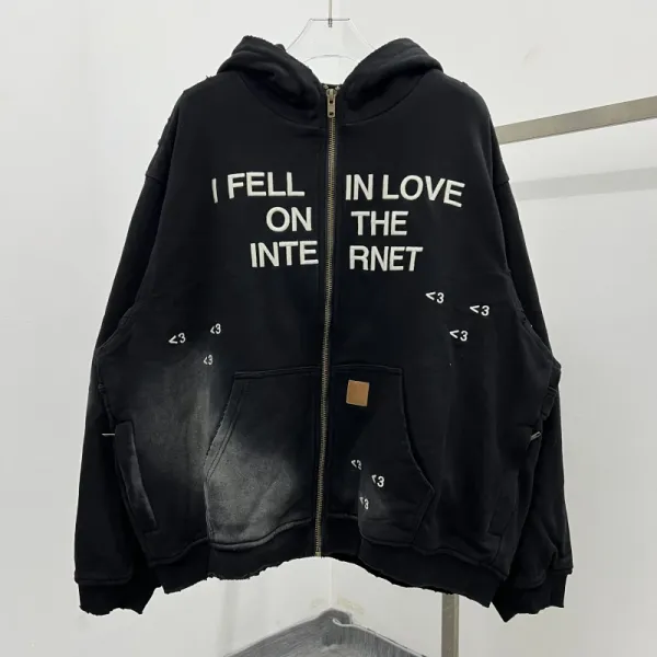 Design Distressed Oversized Zip-Up Hoodie with 'I Had A Fever About You' Print Beige - 3