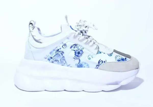 Versace Chain Reaction Blue Delft Print White Chunky Sneakers - 1