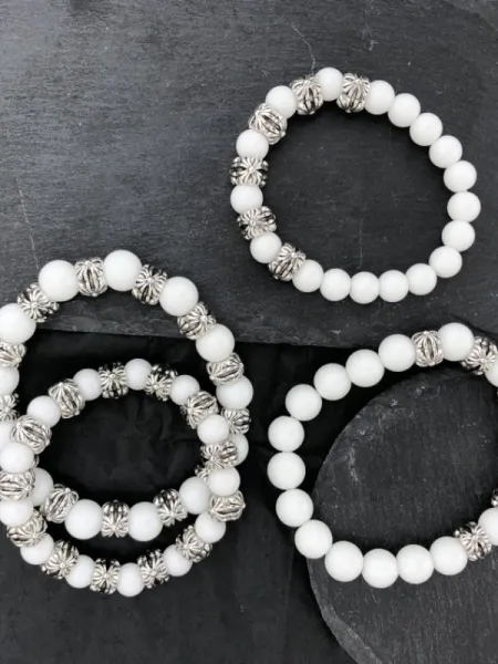 Design Matte Black Bead Bracelet with Silver Floral Charms Jewelry - 3