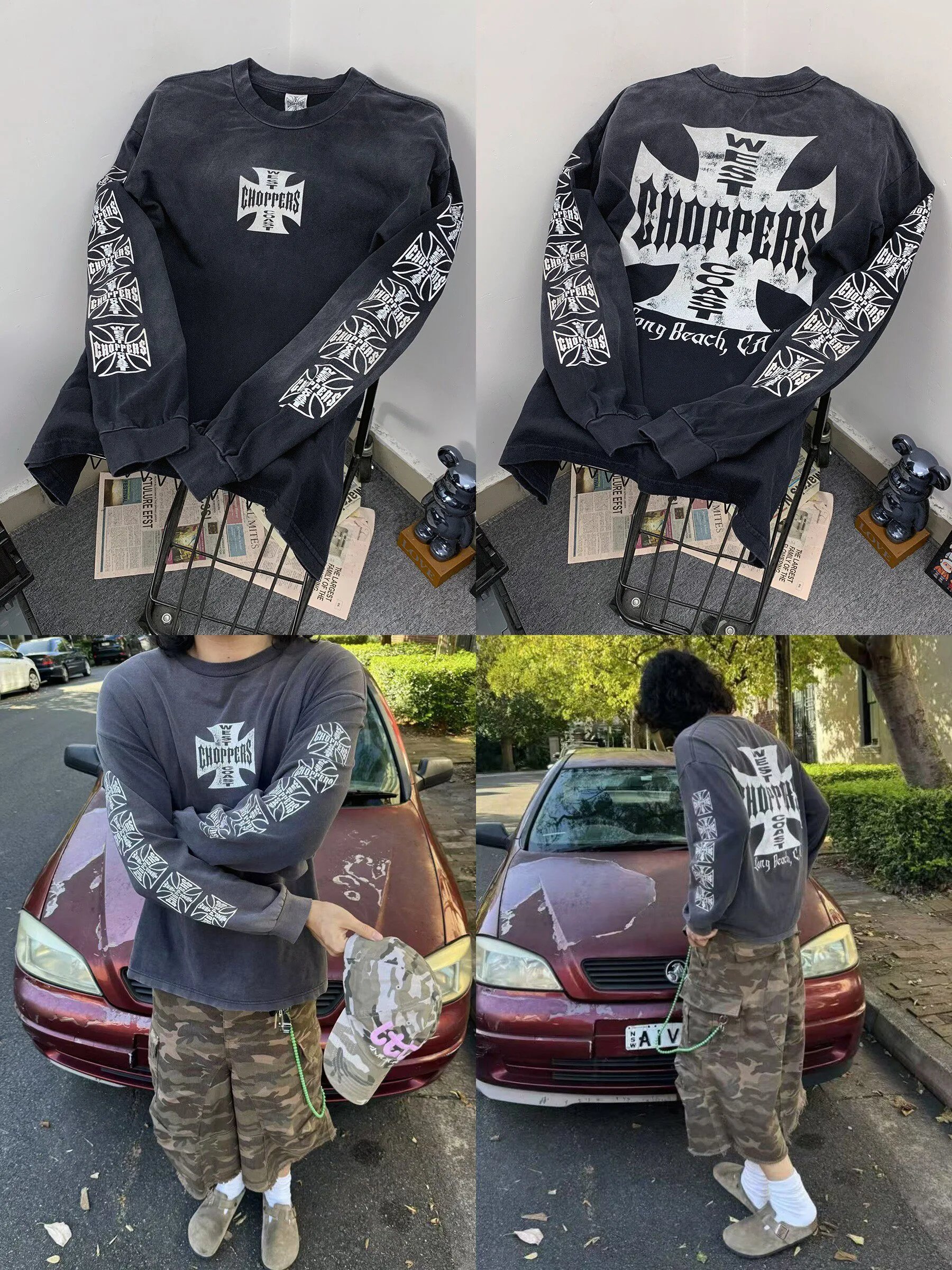 West Coast vintage black cross long sleeved shirt