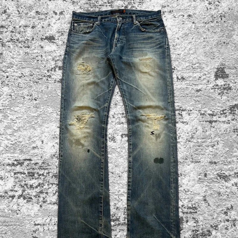 Undercover 07AW T-period washed, damaged, worn, embroidered straight leg jeans