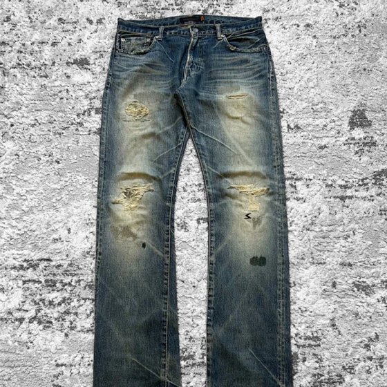 Undercover 07AW T-period washed, damaged, worn, embroidered straight leg jeans