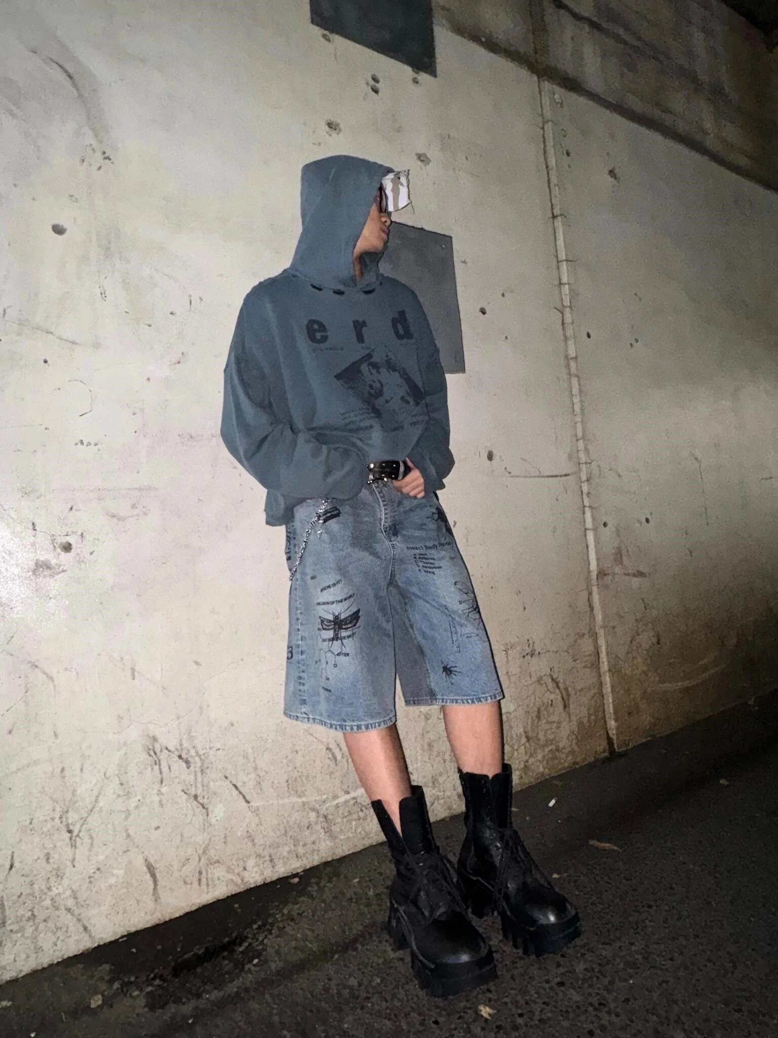 Design Distressed Graphic Hoodie in Washed Indigo - 5