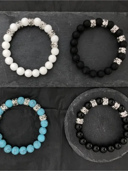 Design Matte Black Bead Bracelet with Silver Floral Charms Jewelry - 4