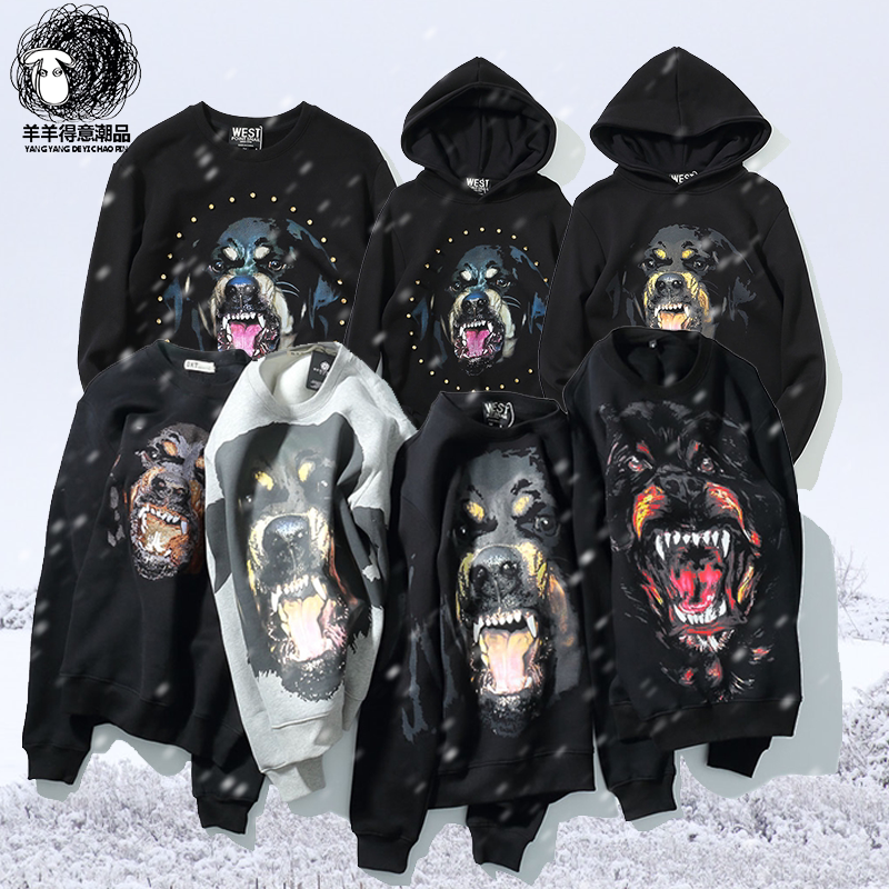 Autumn style European and American street fashion brand with velvet print dog head hoodie for women, loose round neck, men and women, couple outfit, free shipping cotton