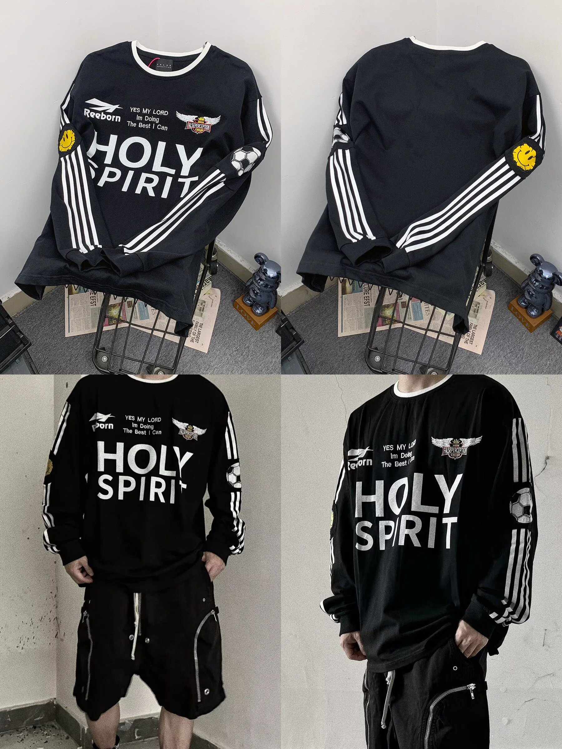 Black - Football smiley face striped embroidered logo long sleeved shirt