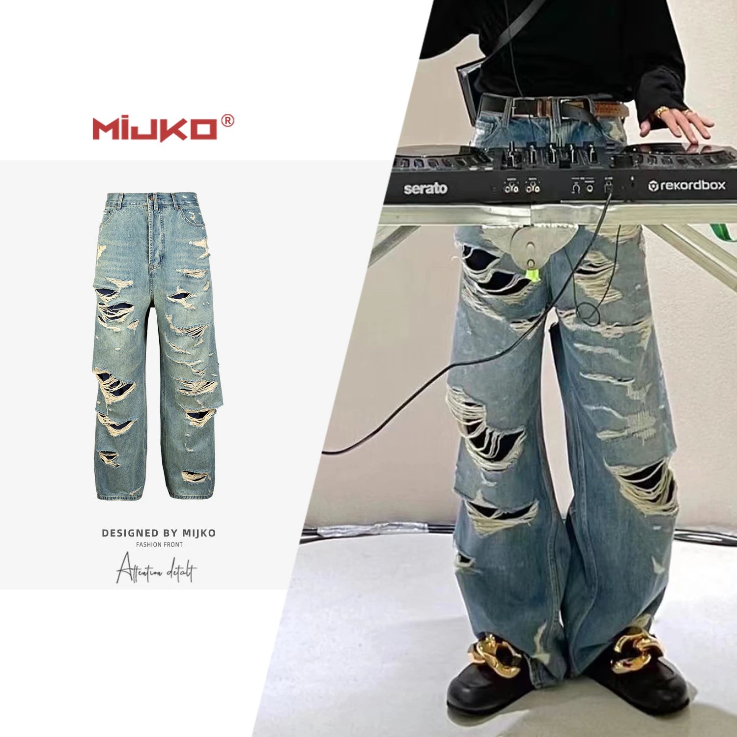 MIJKO Men's Wear Women's Bawei Double-layer Tassel Destroys Beggar's Wind Men's and Women's Style Destroys Ripped Jeans