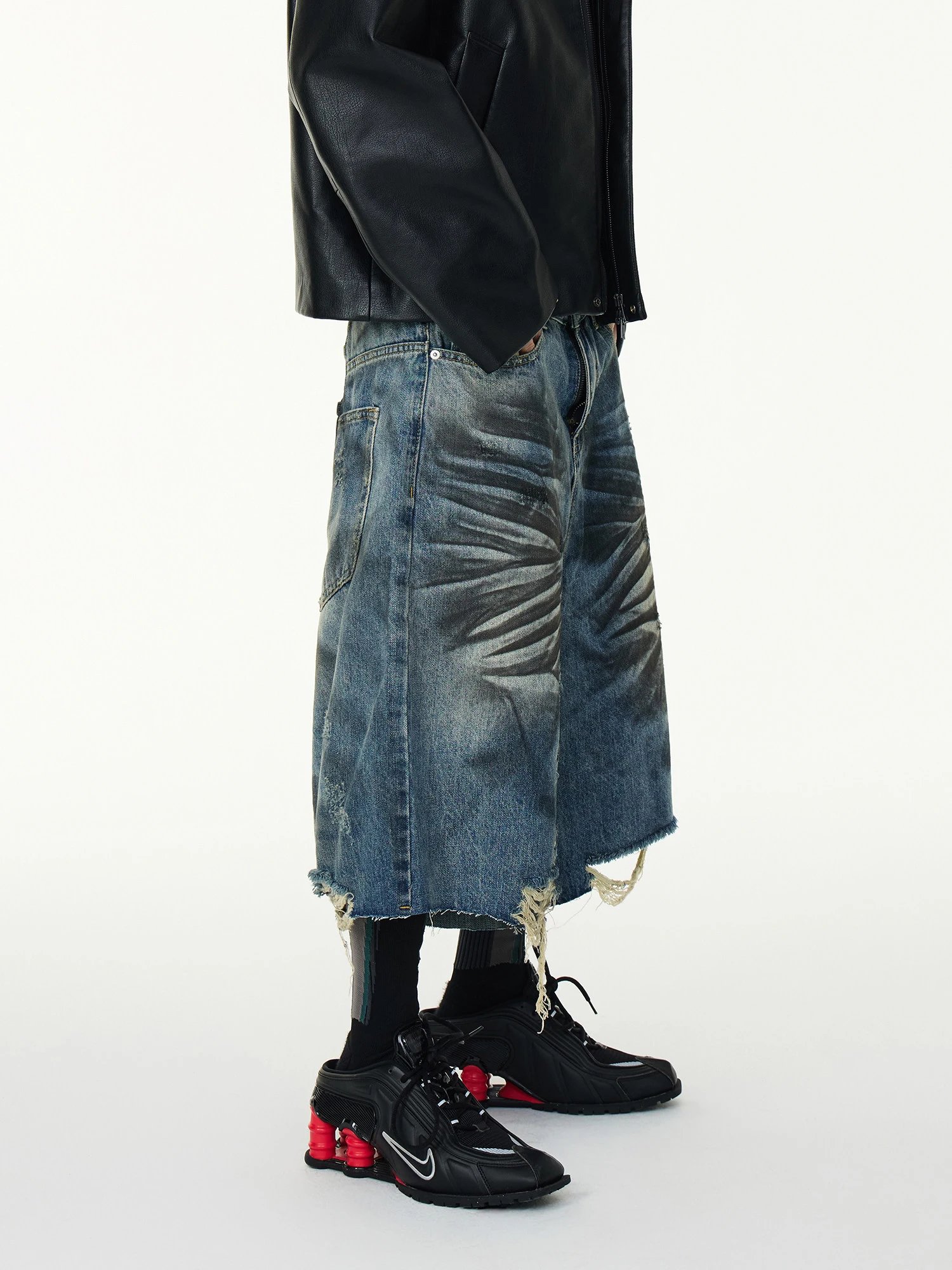 Design Distressed Wide-Leg Denim Shorts Blue - 5