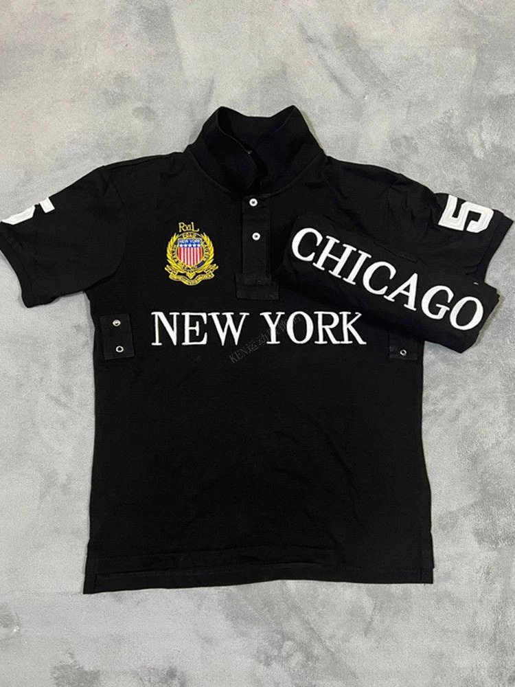 Men's Summer Sport Polo T-Shirt with Embroidered Collar, Golf Casual Short Sleeve Top, Black - Chicago & New York