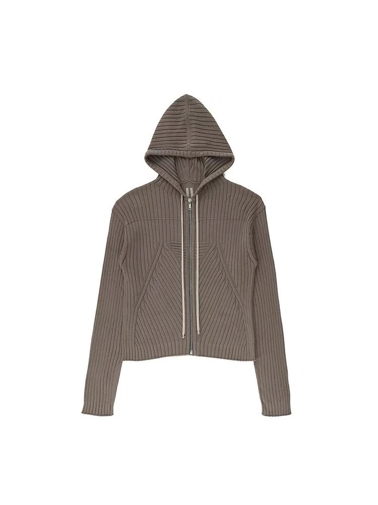 Design Ribbed Zip-Up Cardigan Beige Outerwear - 6