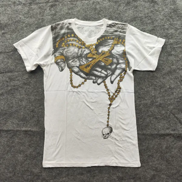 Design Affliction Prayer Hands Gold Skull T-Shirt Tops.t Shirts - 1