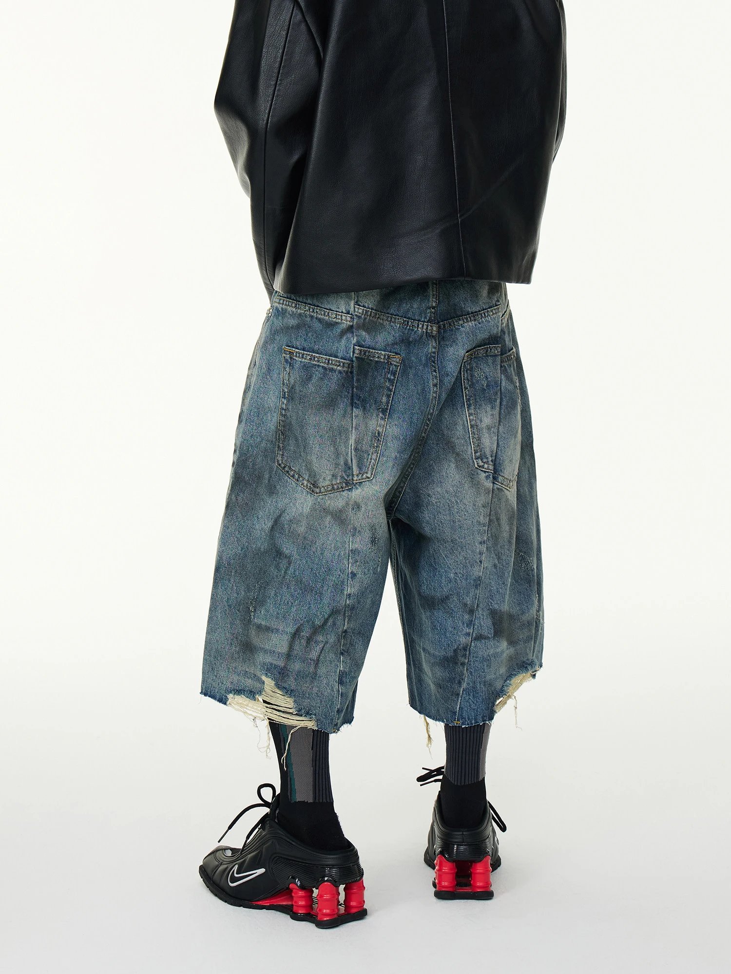 Design Distressed Wide-Leg Denim Shorts Blue - 3