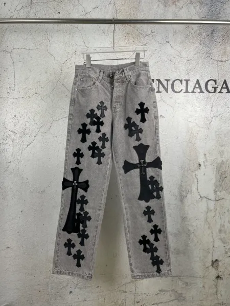 Chrome Hearts Cross-Embellished Distressed Gray Jeans - 4