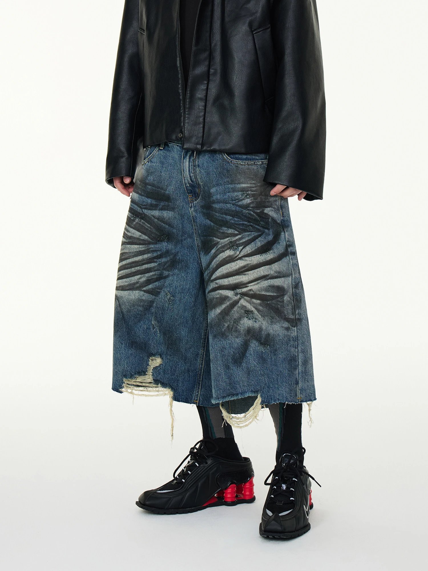 Design Distressed Wide-Leg Denim Shorts Blue - 6