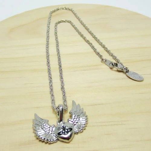 Vivienne Westwood Angel Wing Heart Pendant Necklace Silver Jewelry - 7