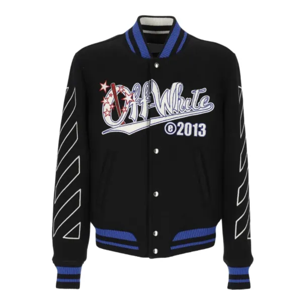 Off-White Varsity Jacket Black with Blue Trim and Arrow Motif Outerwear Jacket - 1