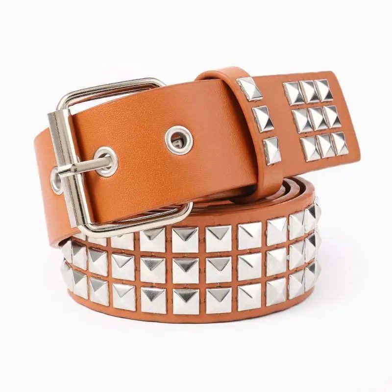 Brown Belt with Silver Pyramid Studs 3.8*110CM