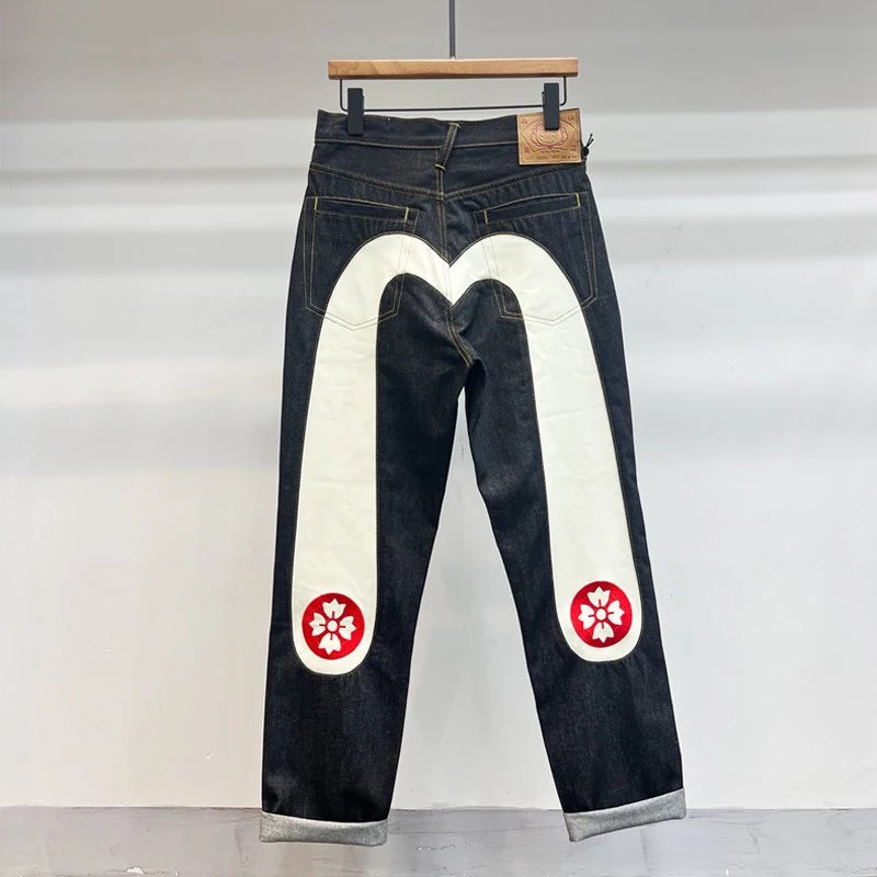 EVISU Large M Cherry Blossom Family Pattern Raw Denim Jeans - rep spodnie