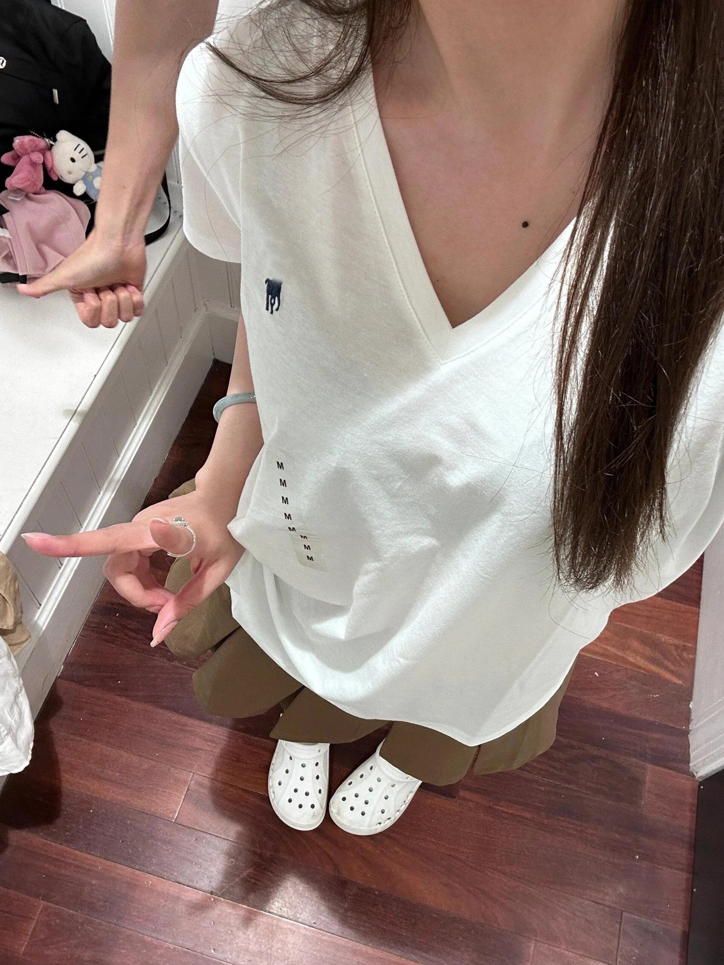 MM6 Maison Margiela V-Neck T-Shirt with Elephant Logo and Vertical M Print White T-Shirt