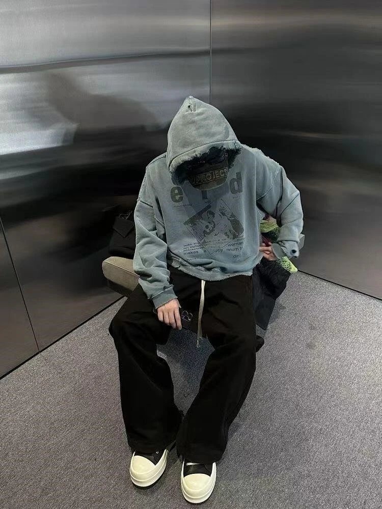 Design Distressed Graphic Hoodie in Washed Indigo - 3