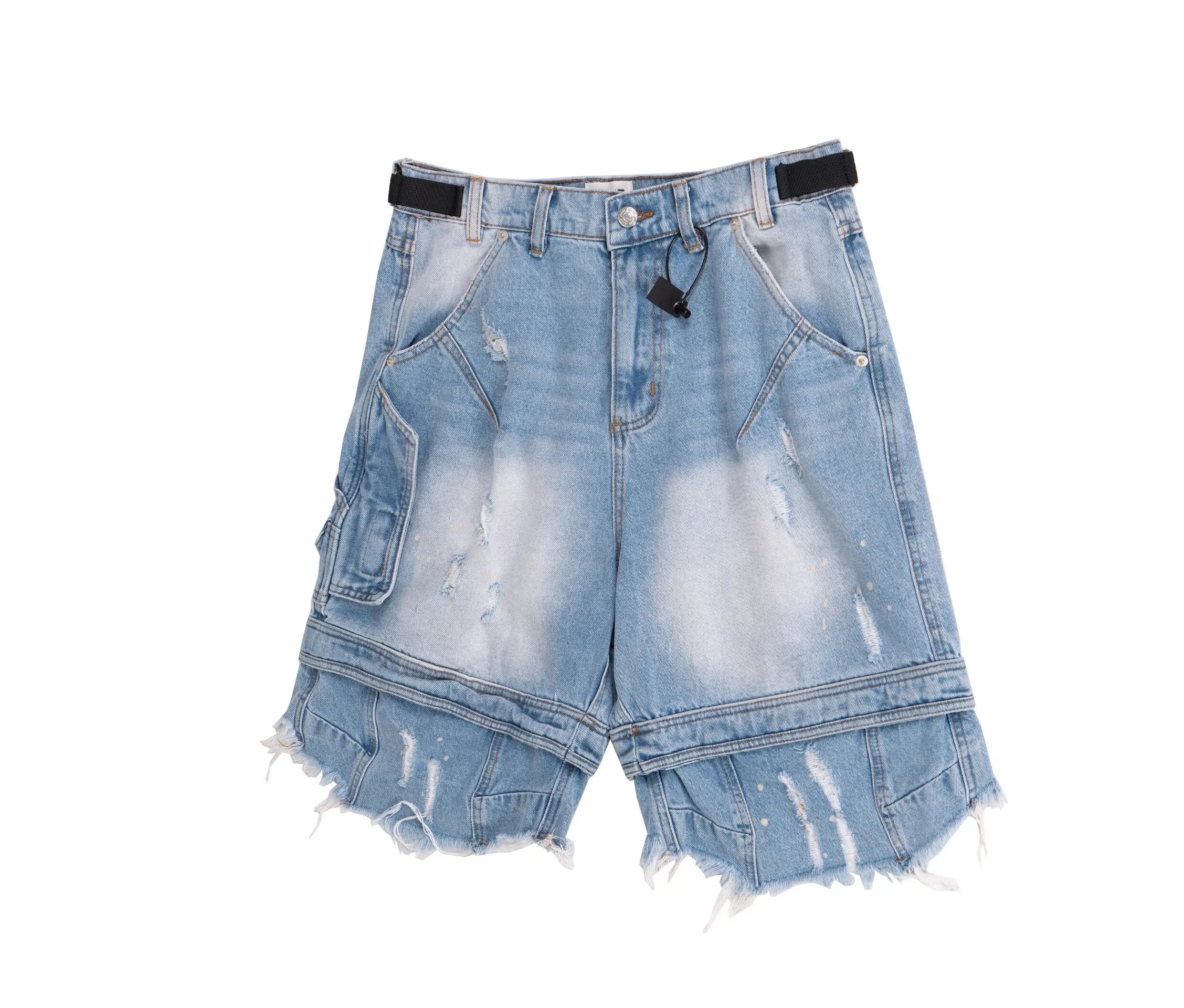 Design Distressed Oversized Cargo Denim Shorts Black - 12