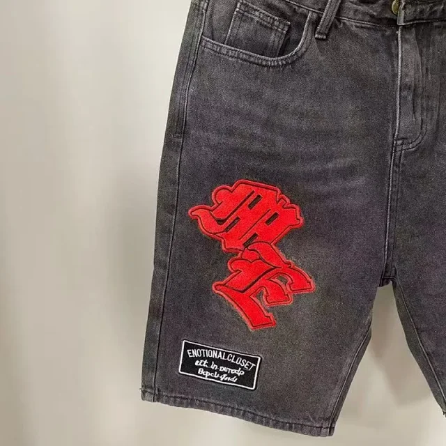 Mixed Emotion Shorts Denim with Embroidered Patches and Rhinestones product detail image 4