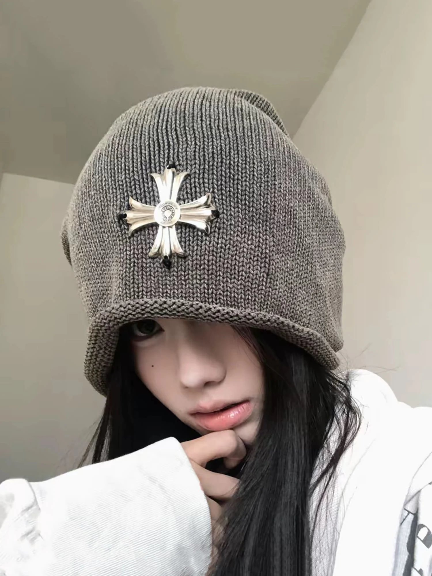 Korean Style Oversized Knit Beanie Women's Fall Winter New Earflap Warm Head-hugging Hat Slimming Face Rolled Brim Cold Weather Cap