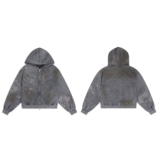 Design Distressed Rhinestone Hoodie Gray - 1