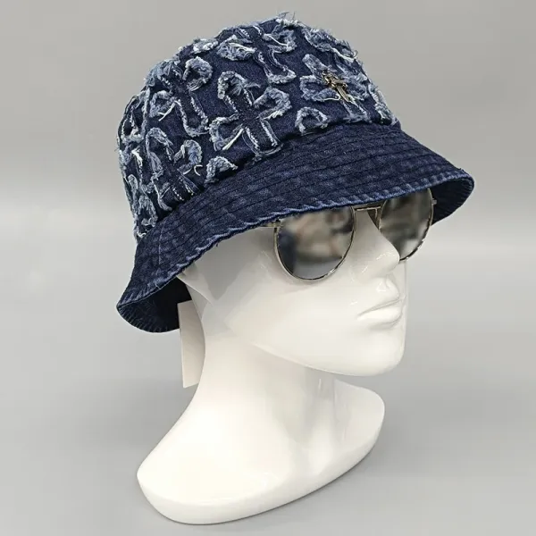 Chrome Hearts Denim Bucket Hat with Cross Motif and Dagger Pin Navy - 3