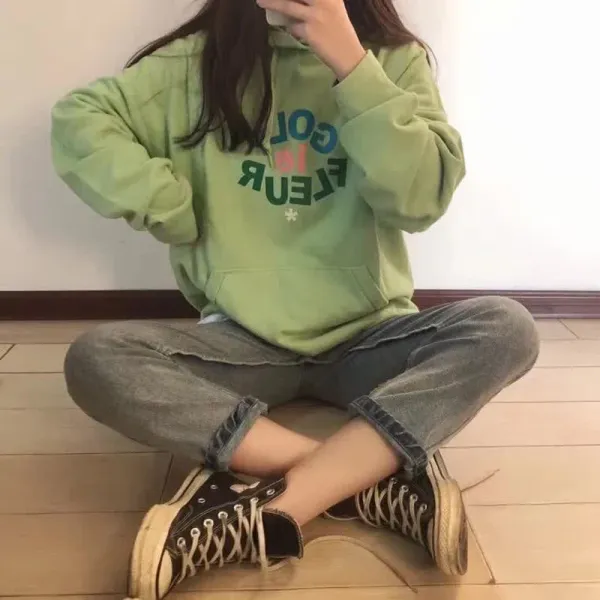 Design Floral Print Oversized Hoodie Green - 1