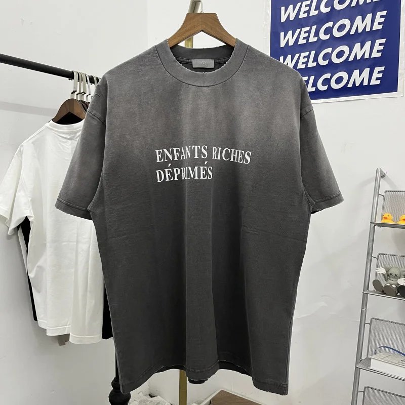 Original independent style destruction washed gradient basic versatile slogan casual short sleeved T-shirt